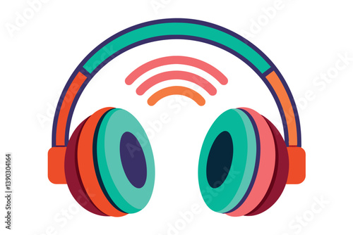 A simple, cartoon-style illustration of colorful headphones with a wireless signal icon, representing listening to music or audio.