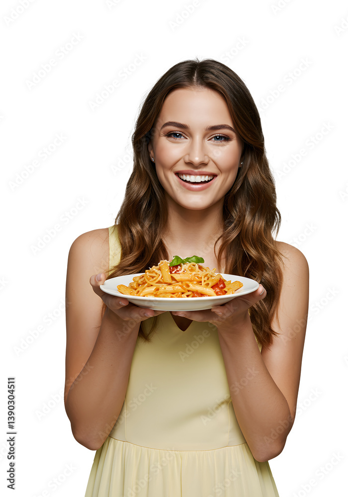 Smiling Woman Presenting Delicious Pasta Dish Smiling Woman Presenting Delicious Pasta Dish