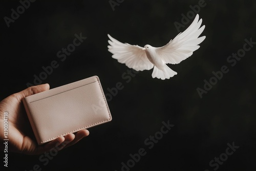 Freedom and Release: A symbolic depiction of liberation, a delicate dove soars gracefully, leaving a leather wallet behind, conveying the idea of letting go and achieving spiritual ascension. 