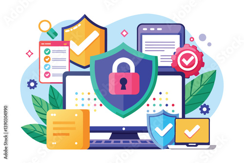 A colorful illustration depicting secure digital information with a padlock and checkmarks on a desktop and laptop computer, surrounded by security shields, gears, and leaves.