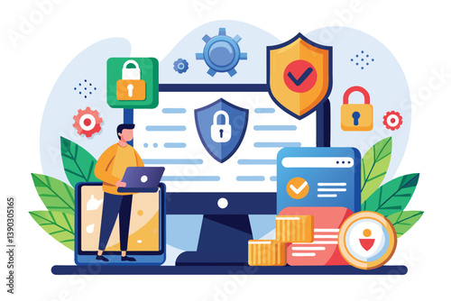 Illustration of a man working on his laptop with a secured computer and mobile devices, emphasizing secure data and digital privacy.
