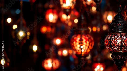 Video showing an intricate Middle Eastern mosaic lamp with bright red glass and metal decoration
