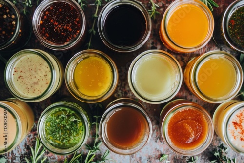 Assorted homemade sauces and dressings in mason jars vinaigrette
