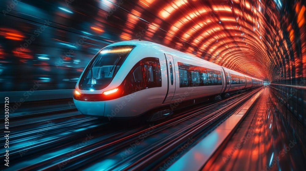 A sleek smarttrain travels swiftly through a vibrant tunnel illuminated by dynamic lights. This automated transport system exemplifies advances in logistics and urban mobility. A sleek smarttrain travels swiftly through a vibrant tunnel illuminated by dynamic lights. This automated transport system exemplifies advances in logistics and urban mobility.