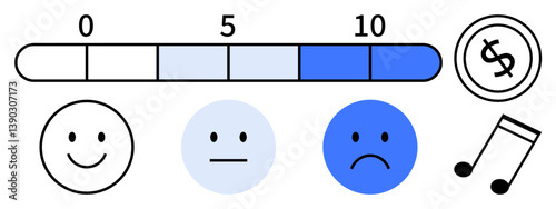 Bar scale ranging from 0 to 10 with corresponding happy, neutral, sad faces. Coin and music note icons included. Ideal for evaluation, feedback, rating, mood tracking, finance creativity