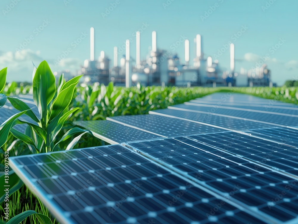 Fototapeta premium A field of solar panels with a futuristic factory in the background, symbolizing the integration of renewable energy in hightech green industry solutions