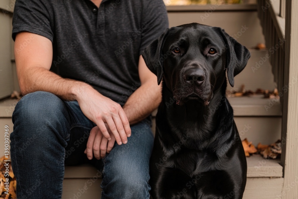 Companionship captured on steps, showcasing bond between human a Companionship captured on steps, showcasing bond between human a