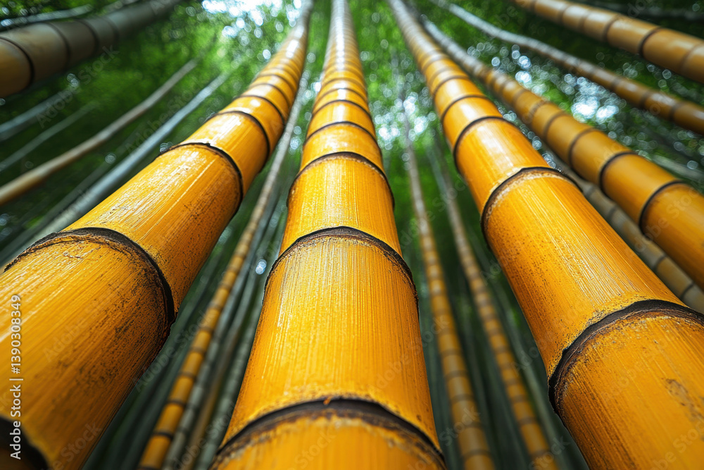 Tall bamboo trees stretch upwards in a dense forest, casting intricate shadows on the ground beneath. The lush greenery creates a serene and natural environment. Tall bamboo trees stretch upwards in a dense forest, casting intricate shadows on the ground beneath. The lush greenery creates a serene and natural environment.