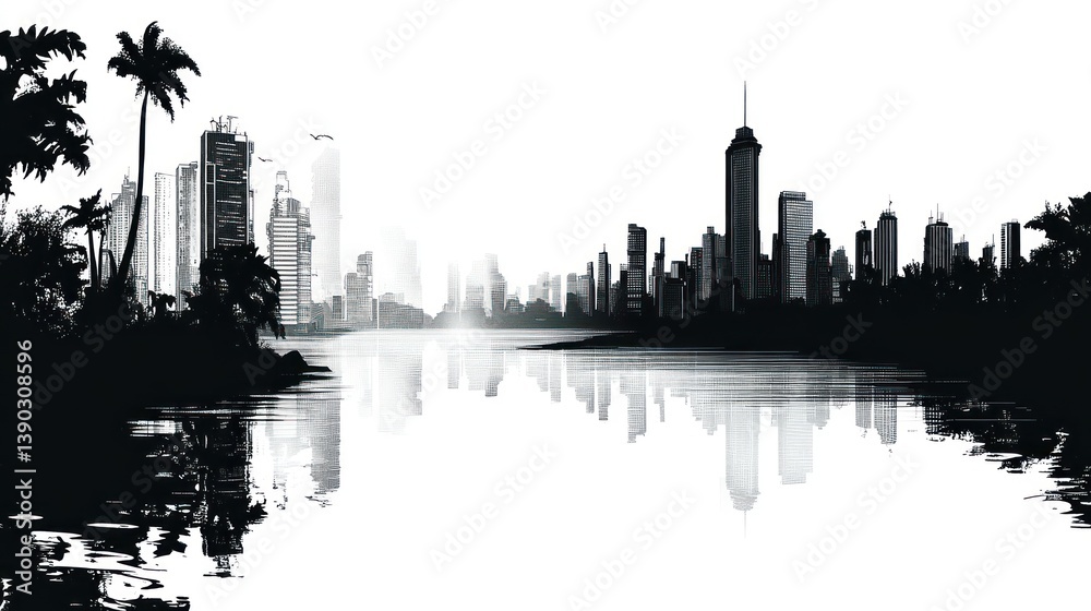 Fototapeta premium Tropical city skyline reflected on water, graphic design
