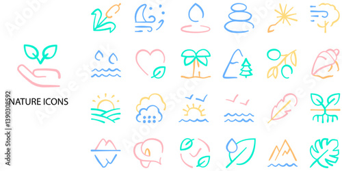 Nature simple concept 24 icons set. Include sunrise, sunset, hill, bird, weather ETC. Vector