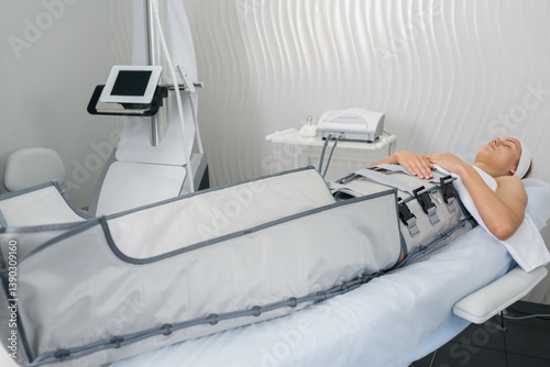 Bild auf Leinwand Female receiving compression therapy in spa center using professional pressotherapy equipment