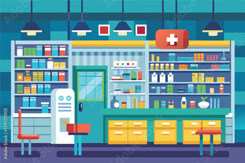 A cartoon illustration depicting the interior of a modern pharmacy with shelves filled with various medications, a counter, and a waiting area.