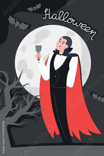 Halloween Party Poster with Vampire in Cloak Drinking Goblet Under Full Moon, Dark and Spooky Theme. Vector design template for cards, cover, banner, flyer, web, social media