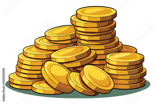 A cartoon illustration of a pile of gold coins on a white background.