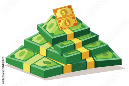 An illustration of a large stack of dollar bills in a pyramid shape. The bills are green with yellow bands, and two individual bills are visible on the top.