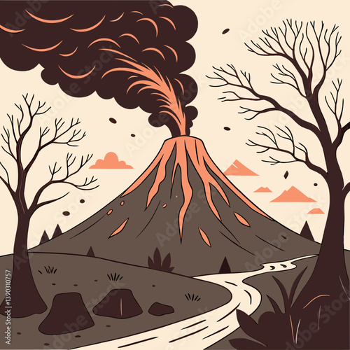 Illustration of a volcano erupting with smoke and lava