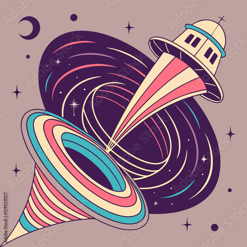 Stylized cosmic illustration with a spaceship and vortex