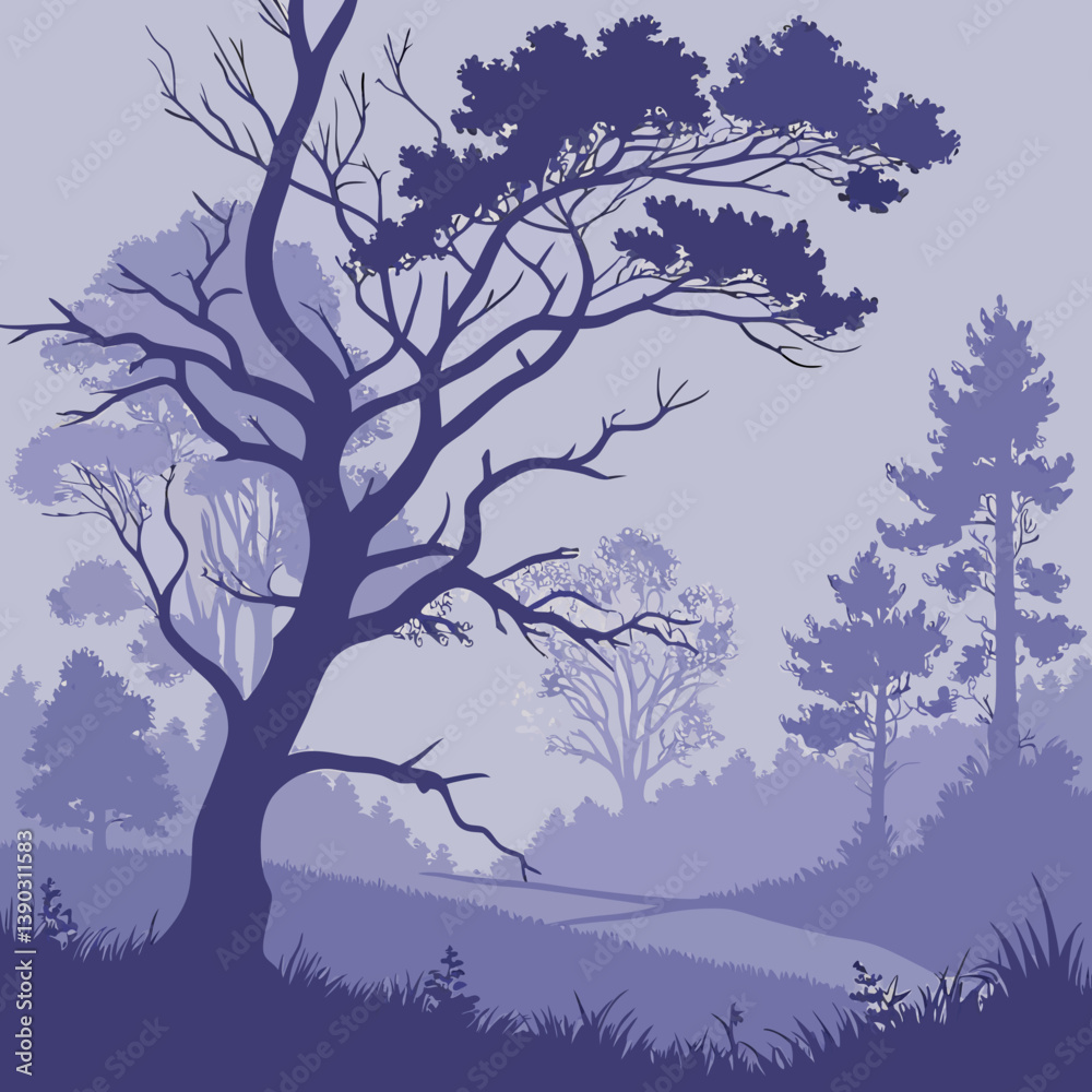 Fototapeta premium Silhouette of trees in a misty landscape in purple hues