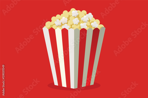 A cartoon illustration of a red and white striped popcorn bucket filled with popcorn on a red background.