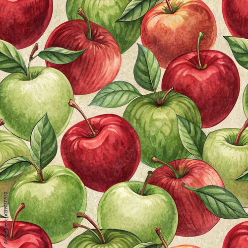 "Seamless Watercolor Apple Pattern – Rich Red & Green Blend Symbolizing Education & Freshness"