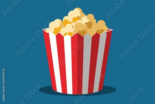 A cartoon illustration of a red and white striped popcorn bucket filled with popcorn against a blue background.