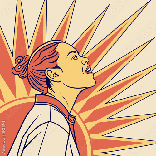 Illustration of a woman looking up with sunburst behind