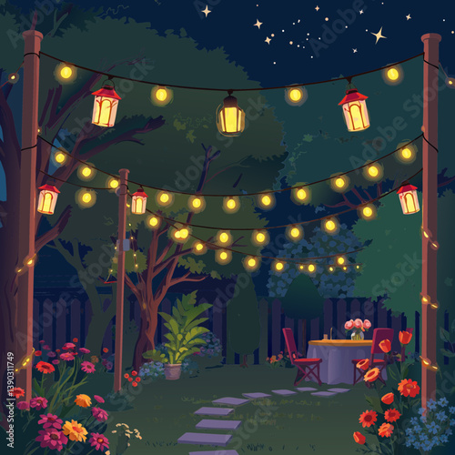 Romantic Garden Scene with String Lights