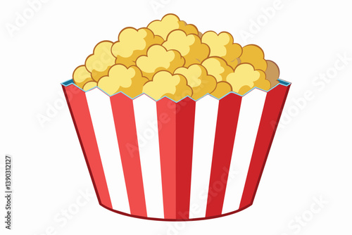 A cartoon illustration of a full popcorn bucket with red and white stripes.