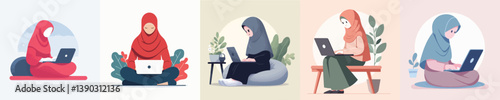 hijab woman vector playing laptop