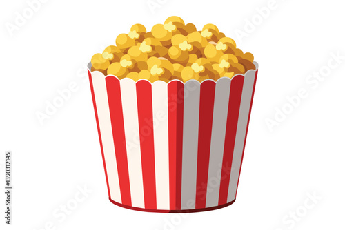 A red and white striped container filled with yellow, buttery popcorn.