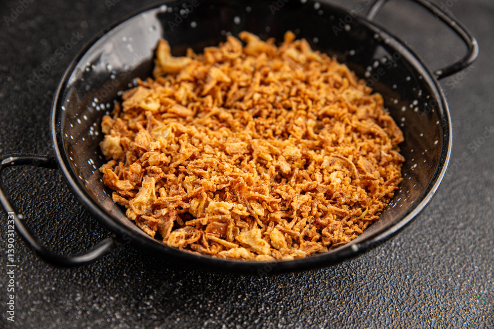 Fried onion crispy onions appetizer vegetables dish fresh delicious gourmet food background on table rustic food top view copy space 