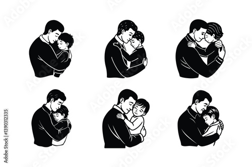 father hugging son daughter vector art silhouette