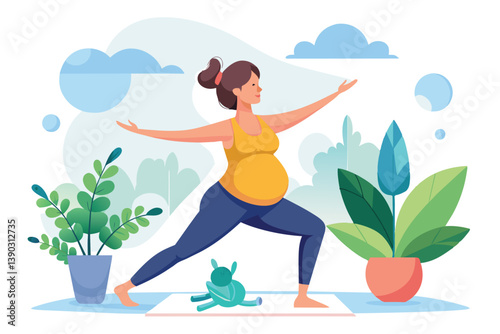 A pregnant woman practicing yoga in a warrior pose indoors with plants and blue clouds in the background.