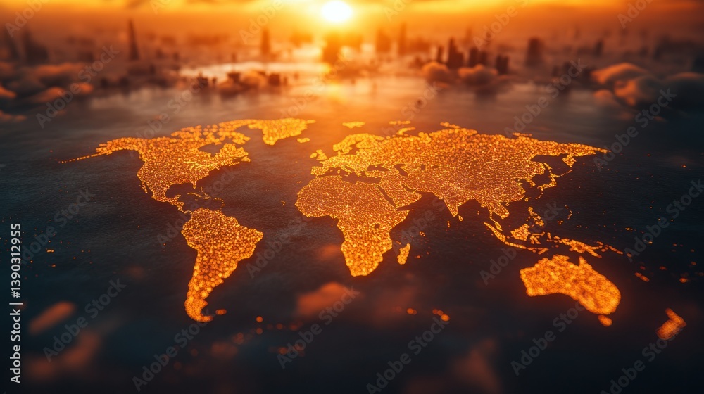 Global network map at sunrise Global network map at sunrise
