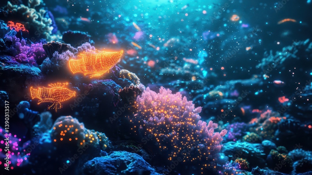 Fototapeta premium Glowing underwater scene showing coral reef with fish outlines