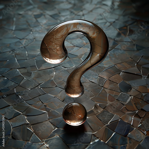 punto di domanda interrogativo, fatto d'acqua, in stile 3D su pavimento a mosaico , question mark, made of water, in 3D style on a mosaic floor