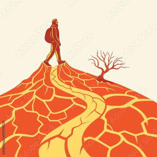 A hiker on a cracked hill with a barren tree in the sun