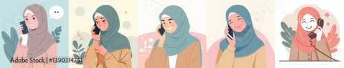 hijab woman vector on the phone