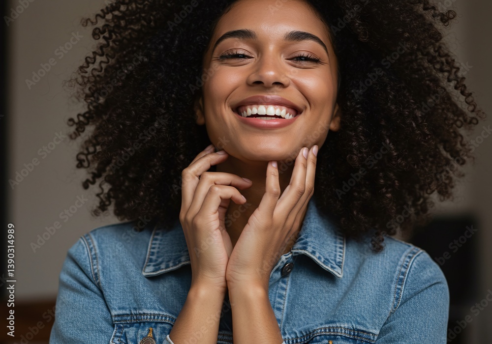 A portrait of an attractive young woman with curly hair smiles with joy, touching her face with both hands A portrait of an attractive young woman with curly hair smiles with joy, touching her face with both hands