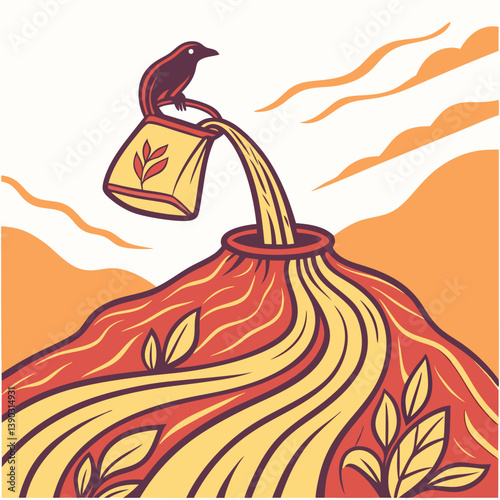 Illustration of a crow pouring liquid into a volcano top