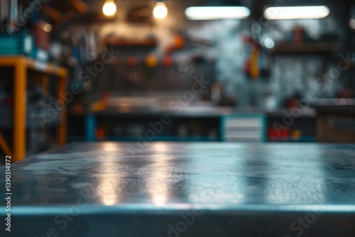 Wallpaper Mural metal blank tabletop with blurred automotive tools and parts in the background suitable for promoting automotive products Torontodigital.ca