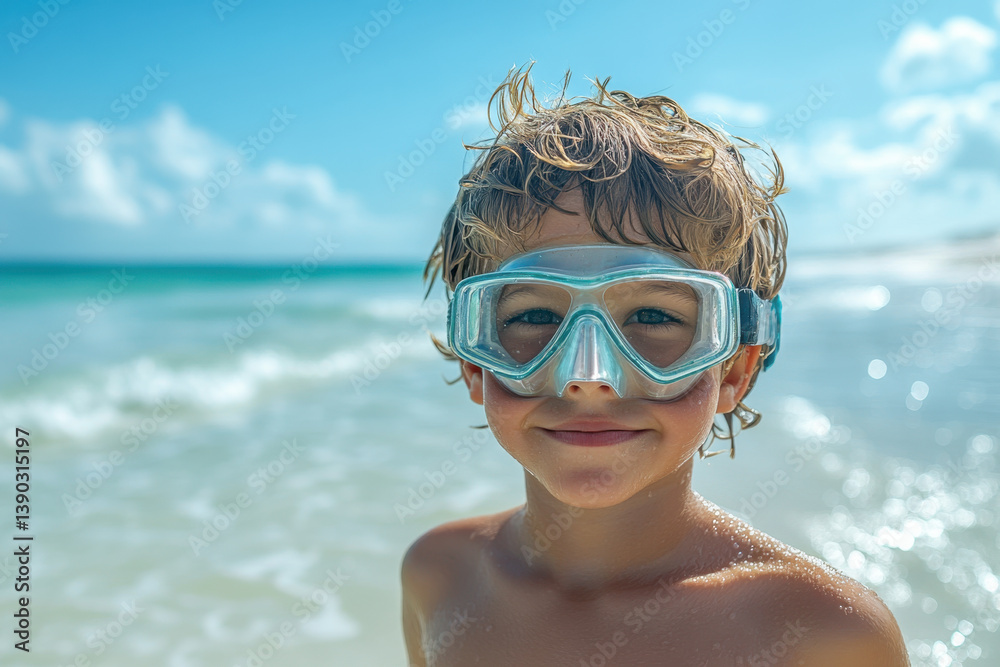 Naklejka premium Young boy in mask, snoring on beach.