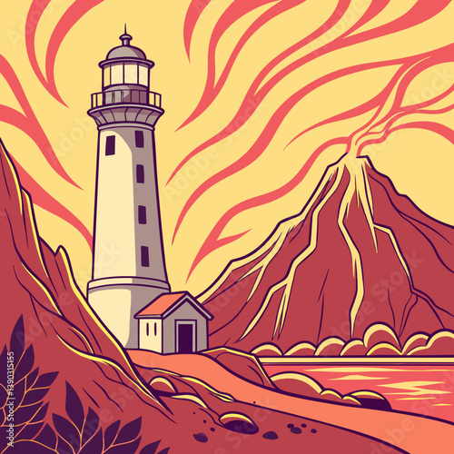 Illustration of a lighthouse with a volcano backdrop