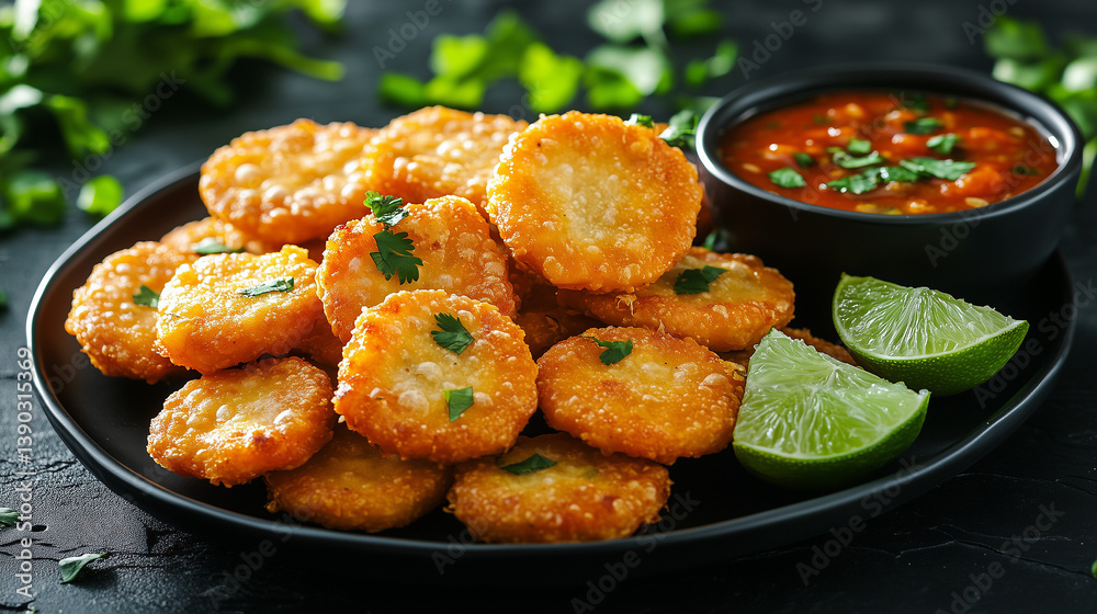 Golden Fried Snack on Plate with Dip Sauce and Lime Slices, Dark Background