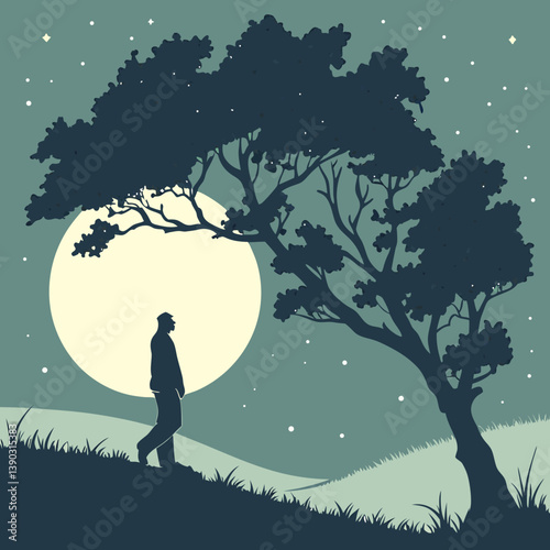 Silhouette of man walking under tree with full moon night