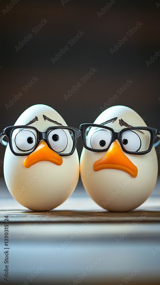 Two adorable egg characters with expressive faces and quirky black-rimmed glasses, looking slightly confused or concerned against a soft blurred background Two adorable egg characters with expressive faces and quirky black-rimmed glasses, looking slightly confused or concerned against a soft blurred background