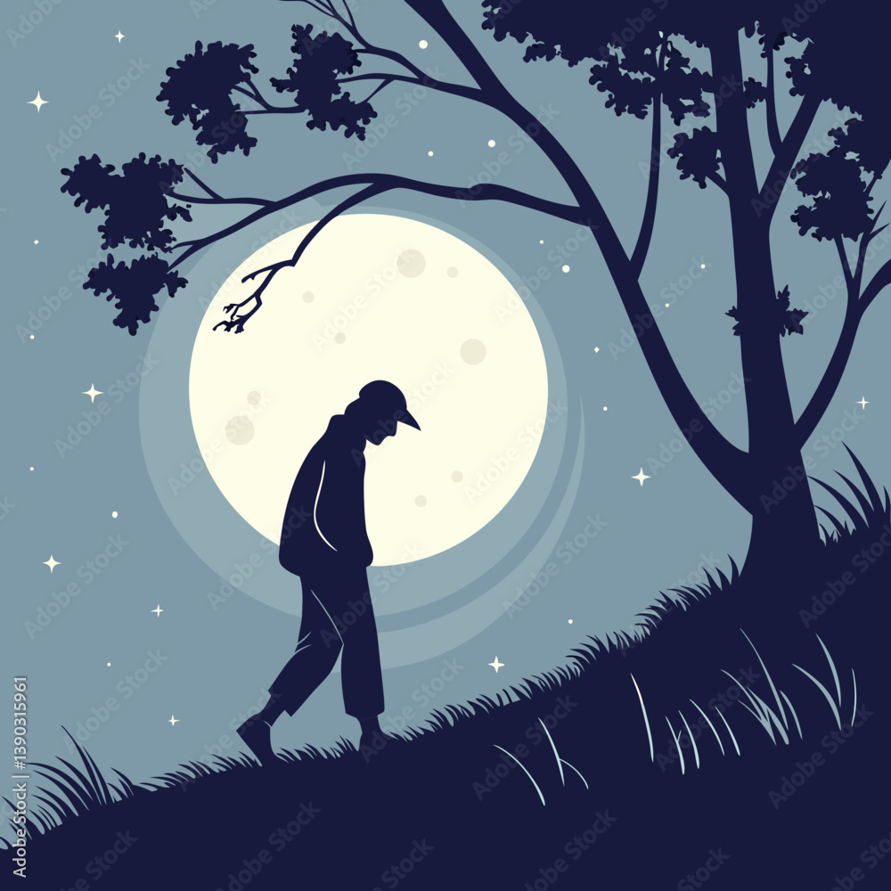 Silhouette of person walking uphill under a full moon night Silhouette of person walking uphill under a full moon night