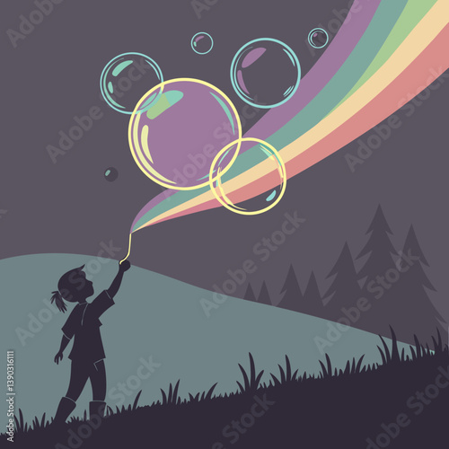 Silhouette girl blowing bubbles with rainbow trail design