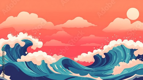 Stylized ocean waves crashing under a coral sunset.
