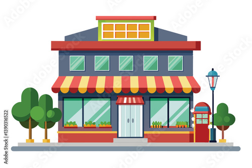 A brightly colored storefront with a striped awning, windows, and a door, sits on a sidewalk with trees and a street lamp.
